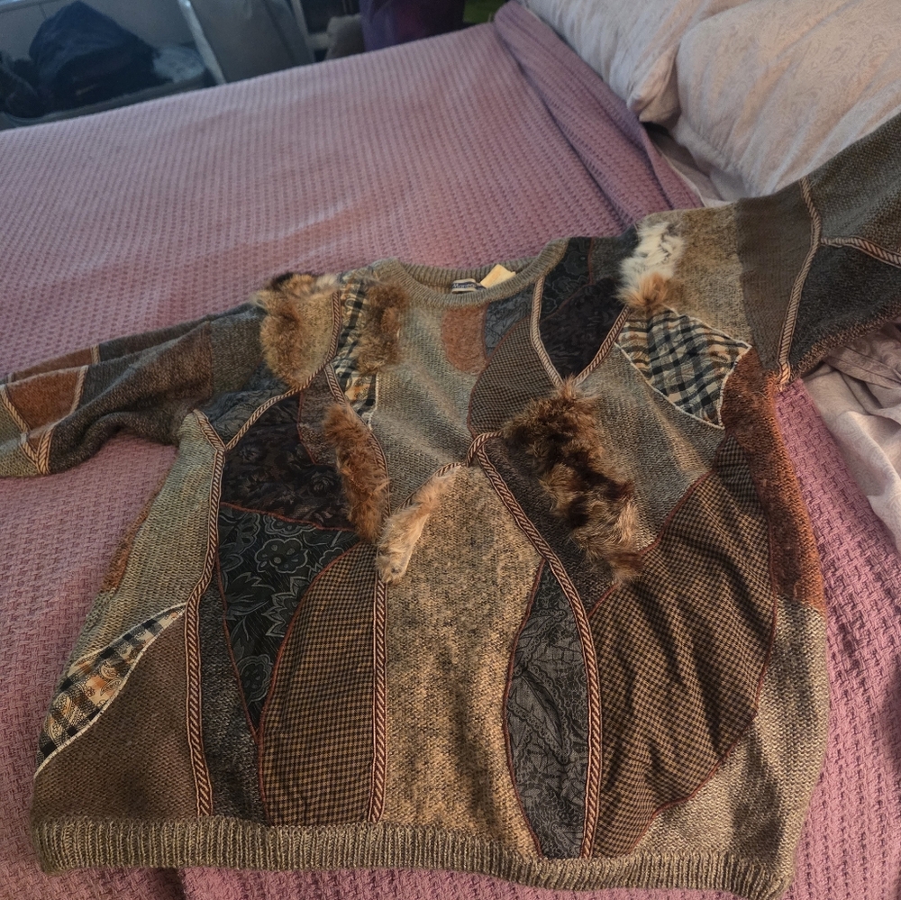 Earthy Patchwork Sweater with Fur Details